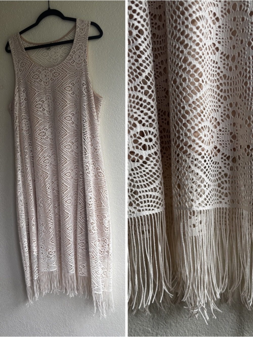 ONE WORLD Cream Crochet Midi Dress with Fringe